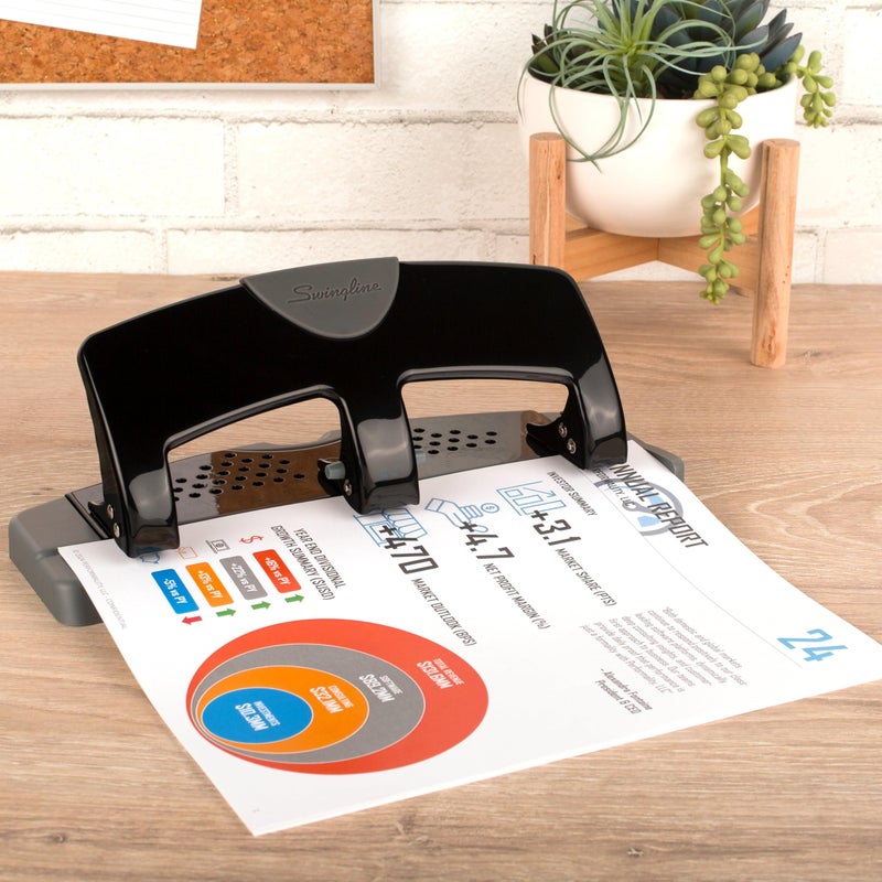 Swingline 3 Hole Punch, 20 Sheet Capacity Three Hole Puncher 3 Ring, Paper Punch, SmartTouch Low Effort, Black & Silver (74133) - Image 2